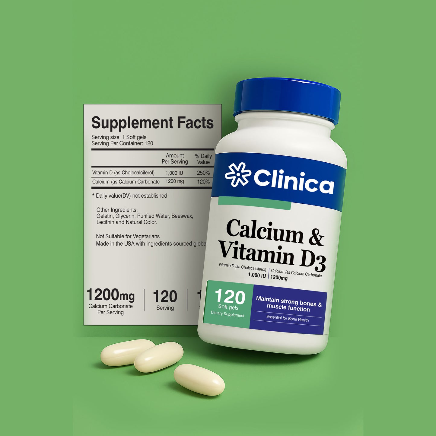 Calcium & Vitamin D3 – Calcium Carbonate 1200 mg – 120 Softgels