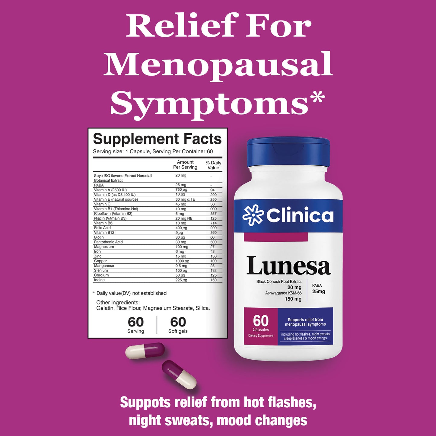 Lunesa – Black Cohosh Root Extract 20 mg + Ashwagandha KSM-66 150 mg + PABA 25 mg – 60 Capsules