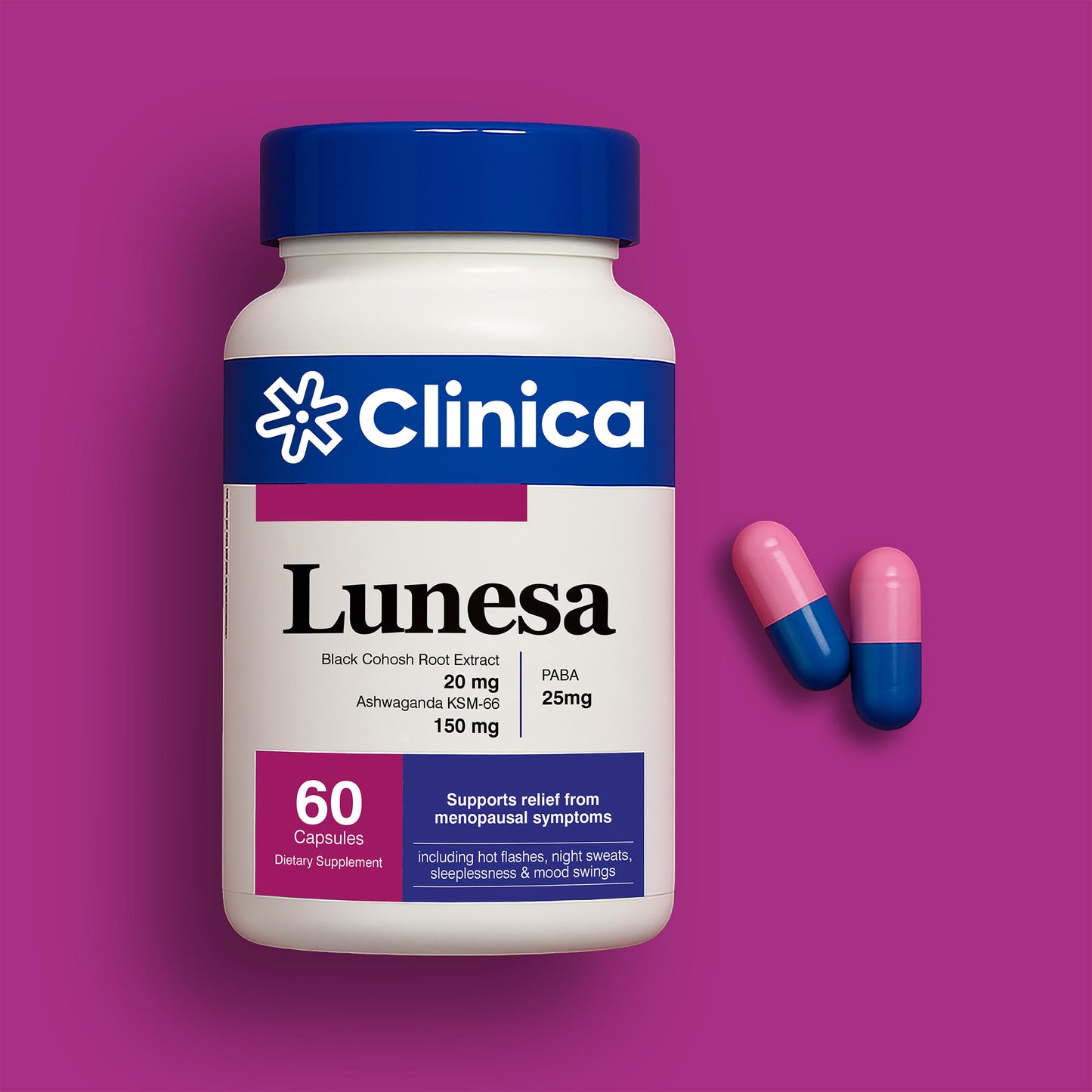 Lunesa – Black Cohosh Root Extract 20 mg + Ashwagandha KSM-66 150 mg + PABA 25 mg – 60 Capsules