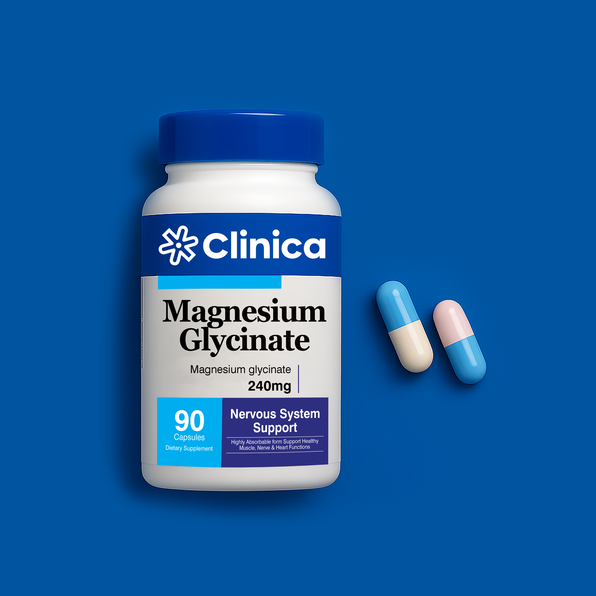 Magnesium Glycinate capsules for muscle and sleep support on a light blue background with capsules shown