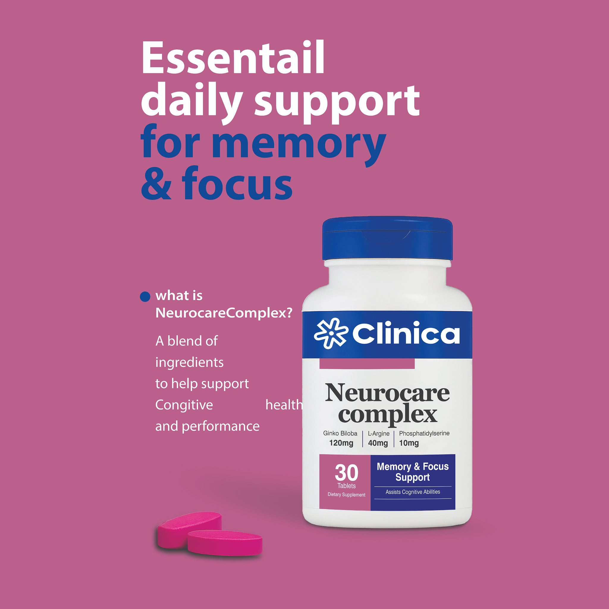 Neurocare Complex – Ginkgo Biloba 120 mg + L-Arginine 40 mg + Phosphatidylserine 10 mg – 30 Tablets