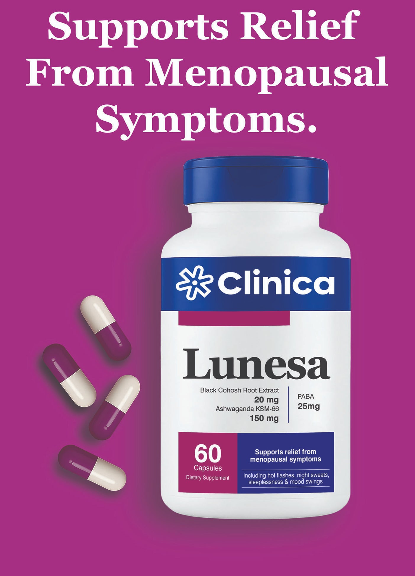 Lunesa – Black Cohosh Root Extract 20 mg + Ashwagandha KSM-66 150 mg + PABA 25 mg – 60 Capsules