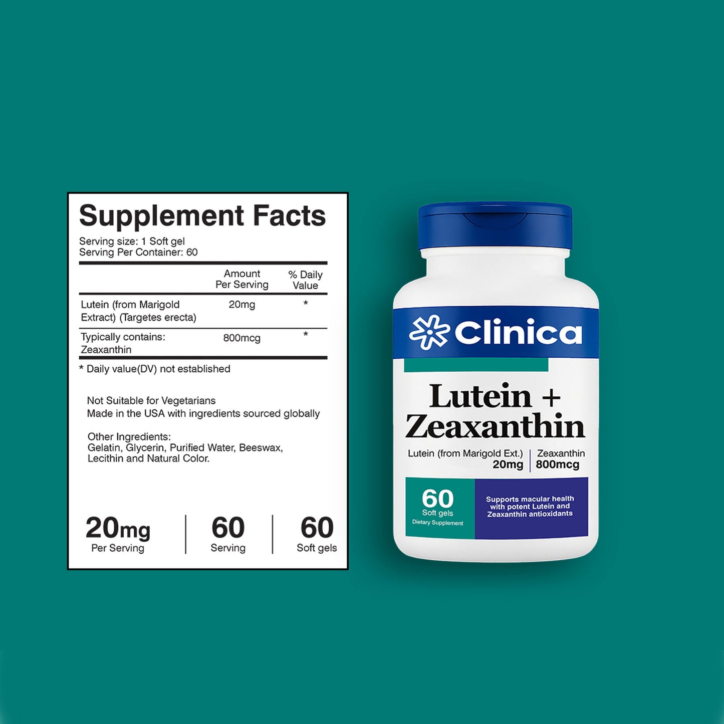 Lutein + Zeaxanthin – Lutein (from Marigold) 20 mg + Zeaxanthin 800 mcg – 60 Softgels