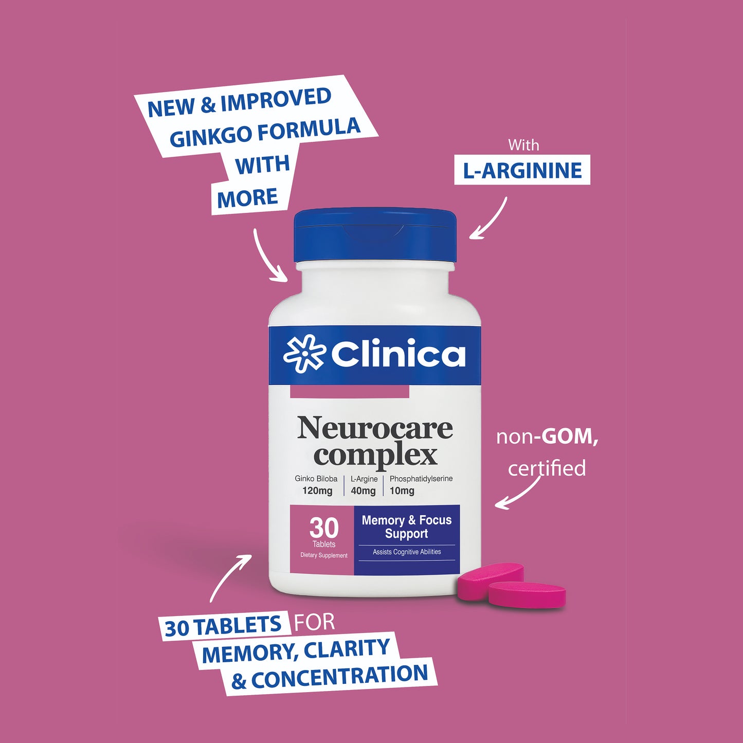 Neurocare Complex – Ginkgo Biloba 120 mg + L-Arginine 40 mg + Phosphatidylserine 10 mg – 30 Tablets