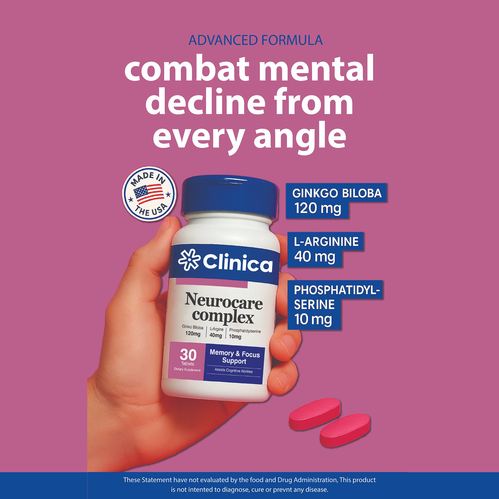 Neurocare Complex – Ginkgo Biloba 120 mg + L-Arginine 40 mg + Phosphatidylserine 10 mg – 30 Tablets