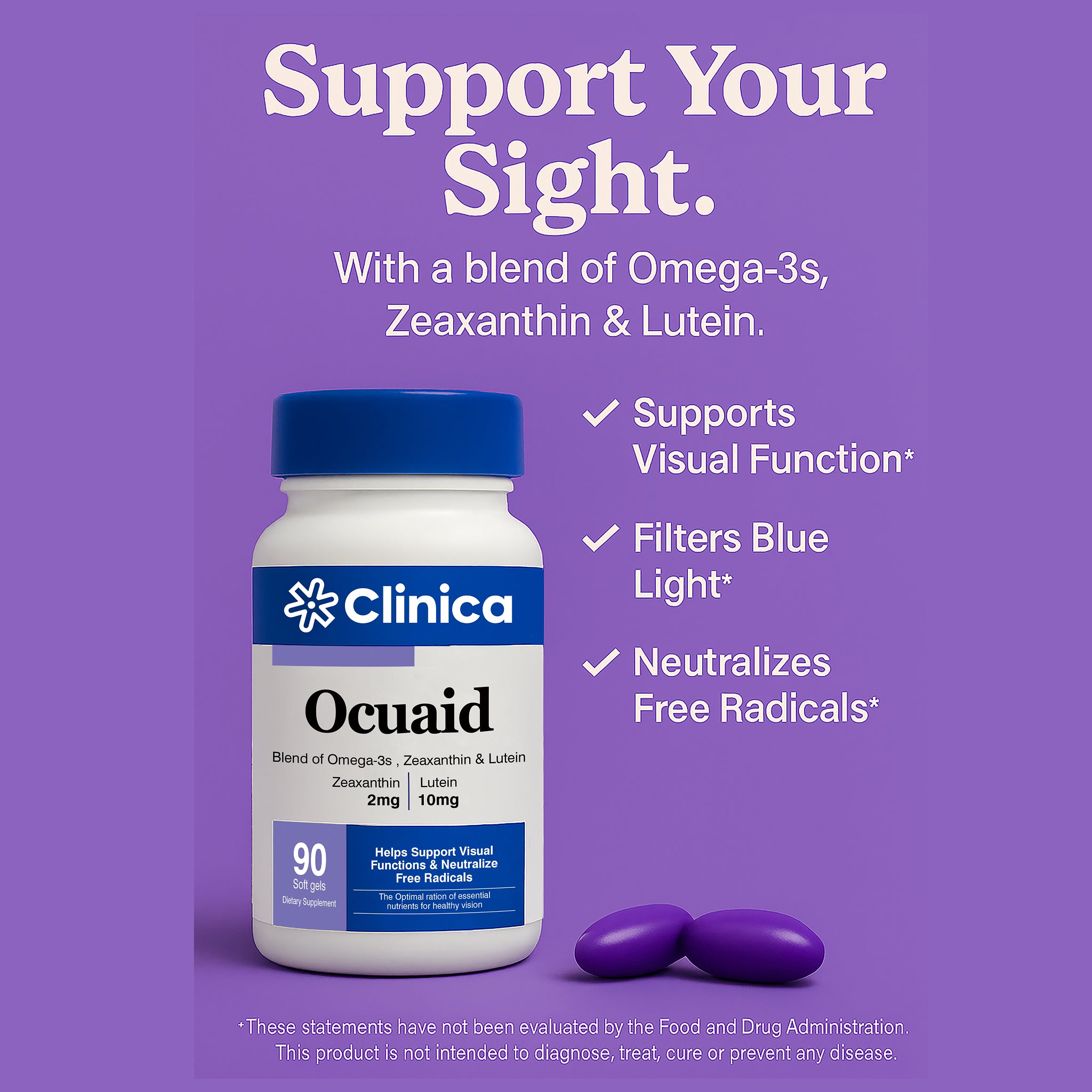 OcuAid – Omega-3 Fatty Acids (EPA 300 mg, DHA 200 mg) + Lutein 10 mg + Zeaxanthin 2 mg – 90 Softgels