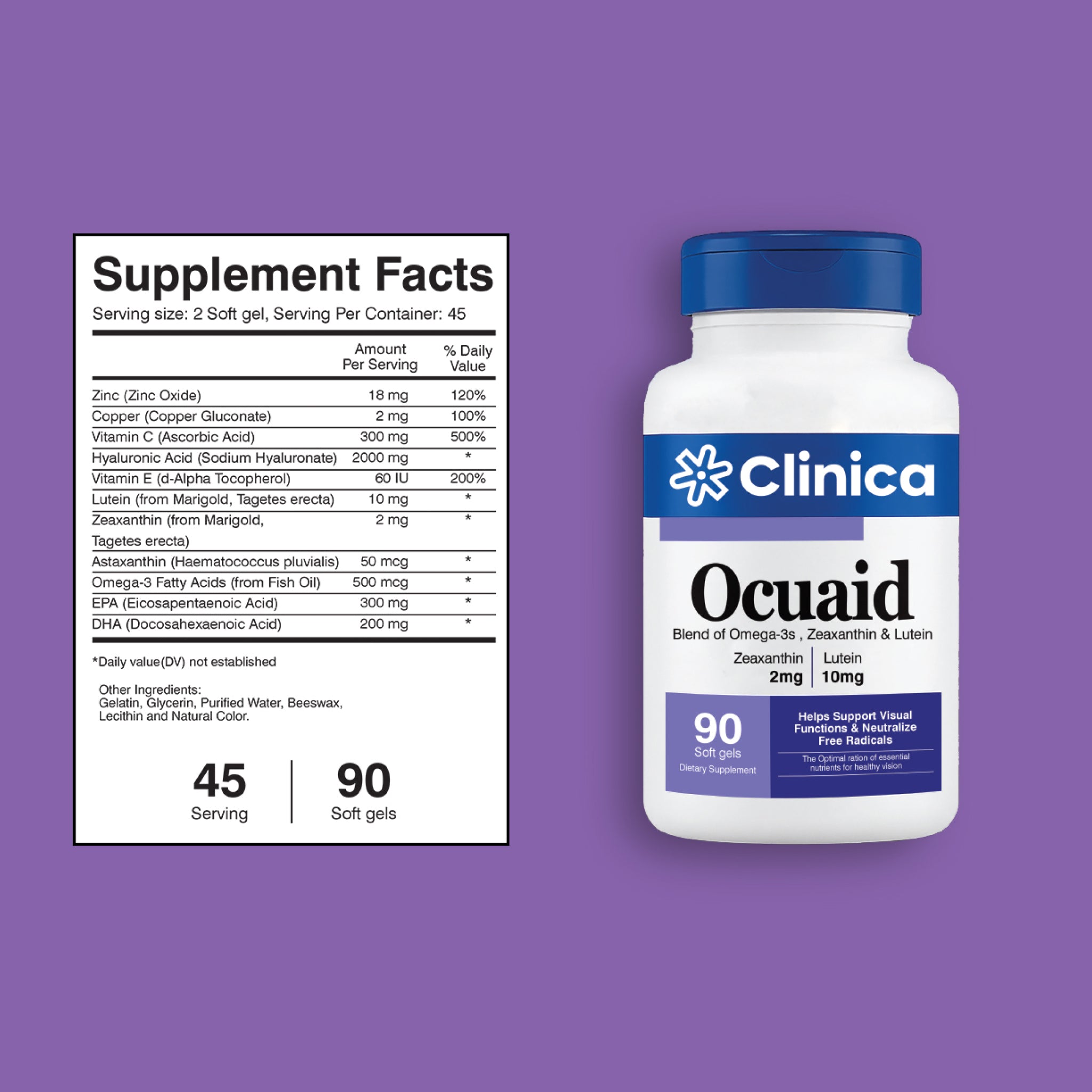 OcuAid – Omega-3 Fatty Acids (EPA 300 mg, DHA 200 mg) + Lutein 10 mg + Zeaxanthin 2 mg – 90 Softgels