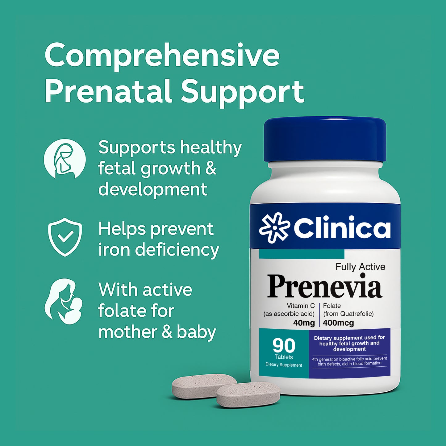 Prenevia – Iron (as Bisglycinate) 28 mg + Folate (Quatrefolic®️) 400 mcg – 90 Softgels