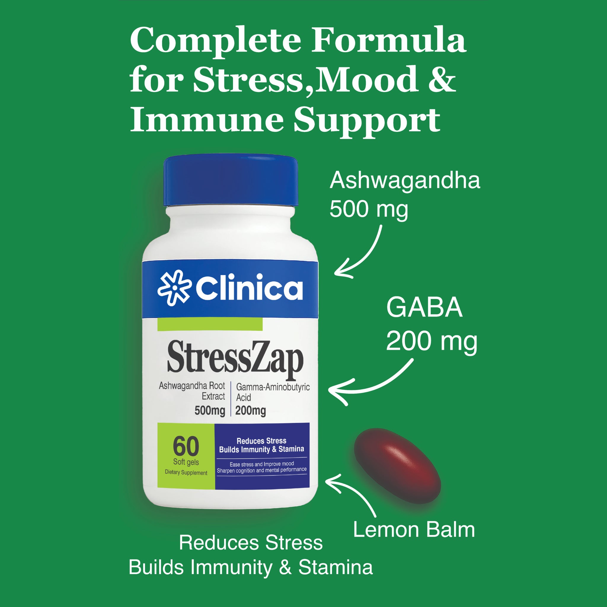 StressZap – Ashwagandha Extract 500 mg + GABA 200 mg + Lemon Balm Extract 140 mg – 60 Softgels