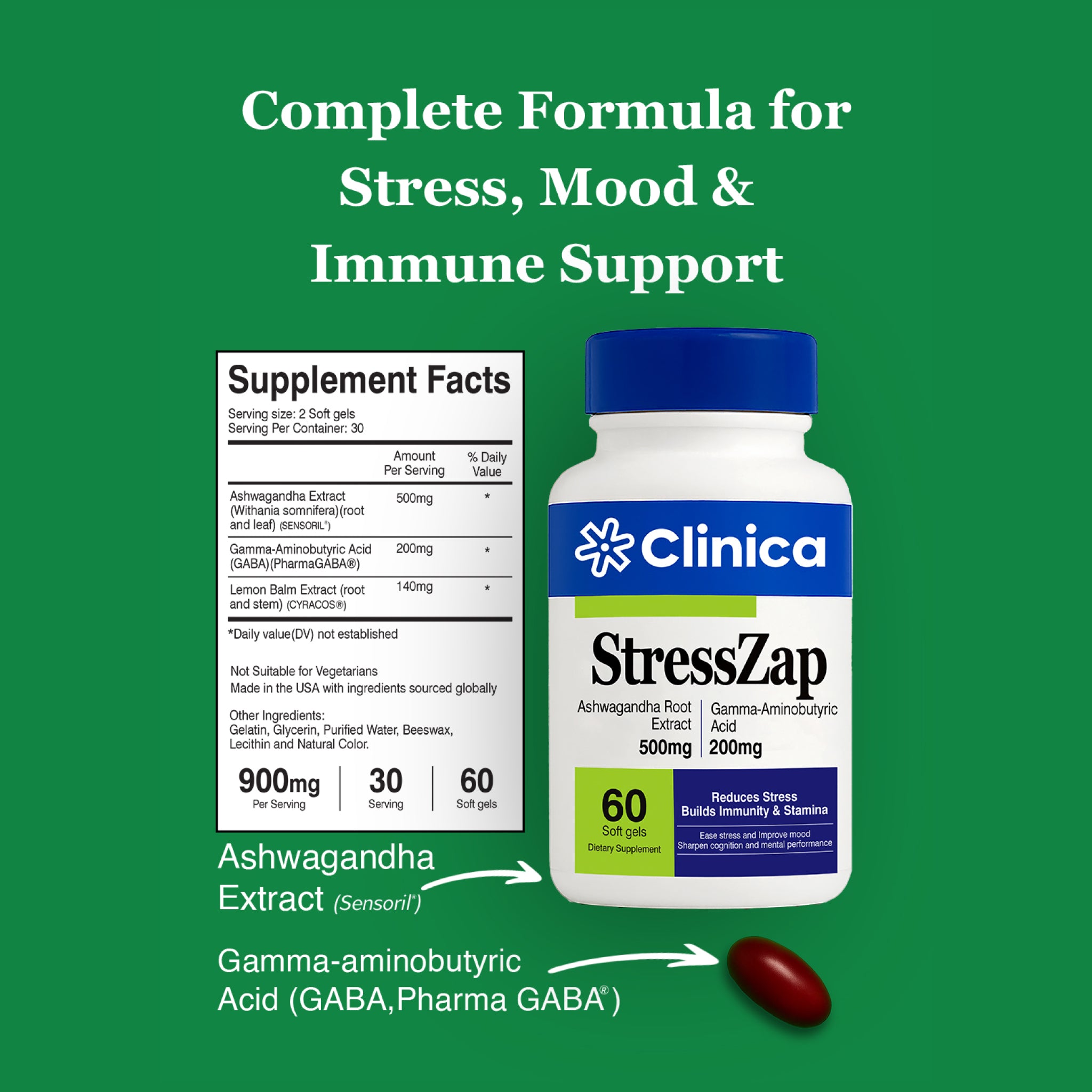 StressZap – Ashwagandha Extract 500 mg + GABA 200 mg + Lemon Balm Extract 140 mg – 60 Softgels