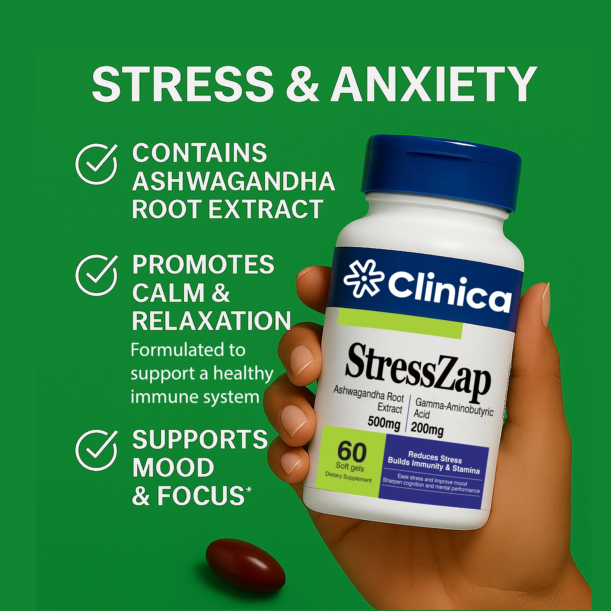StressZap – Ashwagandha Extract 500 mg + GABA 200 mg + Lemon Balm Extract 140 mg – 60 Softgels